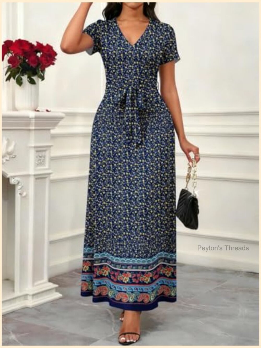 V-Neck Short Sleeve Maxi Dress with Self-Tie Belt and Pockets - Picture 3 of 6